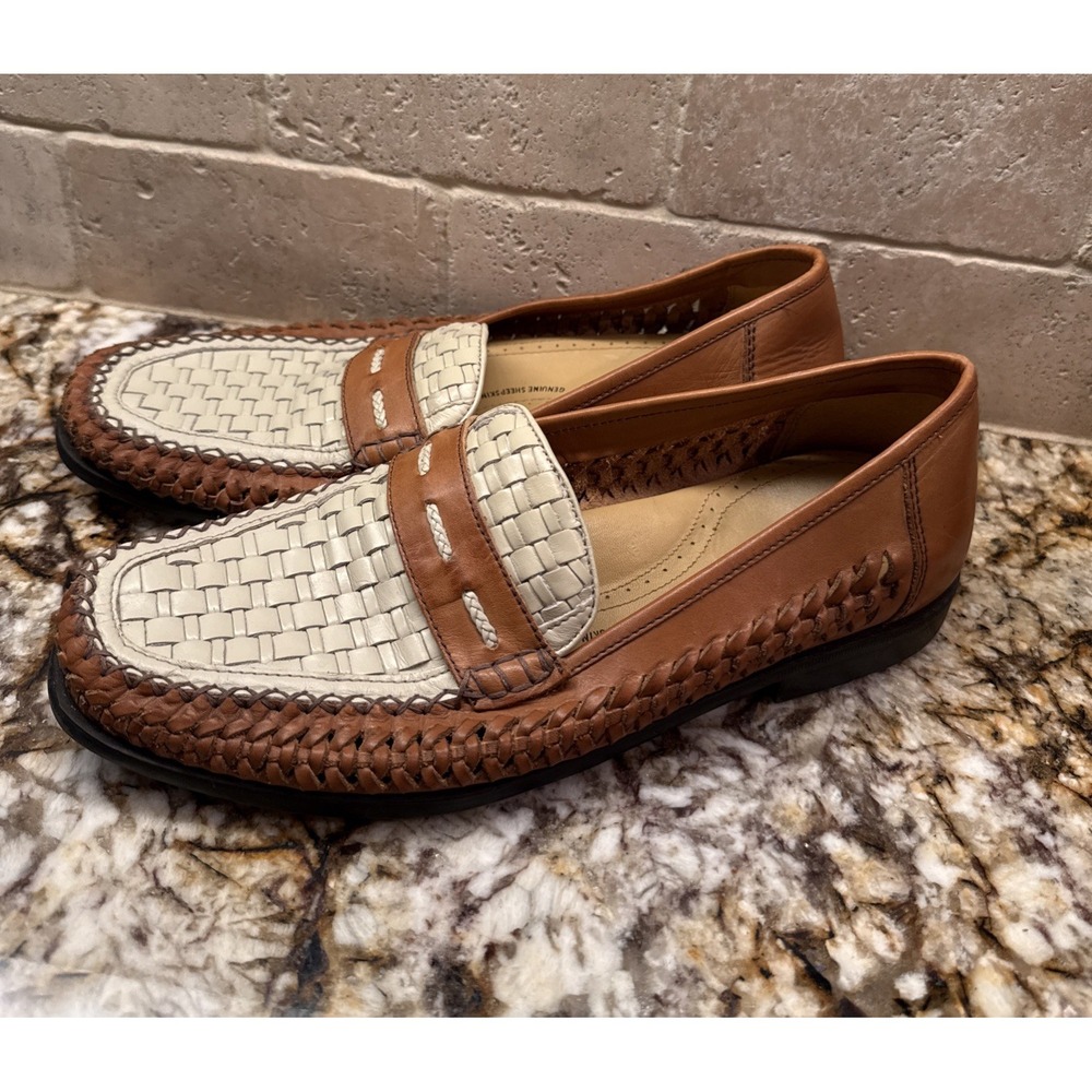 2 Tone Tan/Cream Woven Leather Loafers Brass Boot by Florsheim Men Size 8 Medium